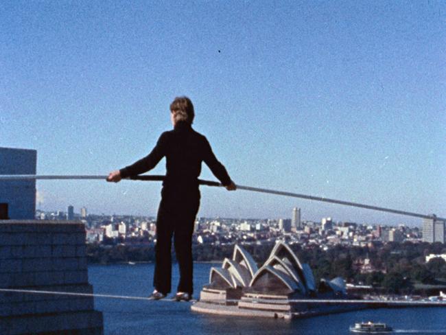 Dare devil Phillipe Petit walks a highwire above Sydney Harbour Bridge in 1973.