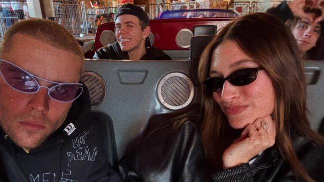 Justin Bieber at Disneyland with wife Hailey, Kid Laroi and Eddie Benjamin.