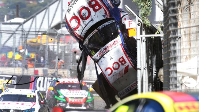 Jason Bright crashes in the chicane. Picture: Sarah Reed