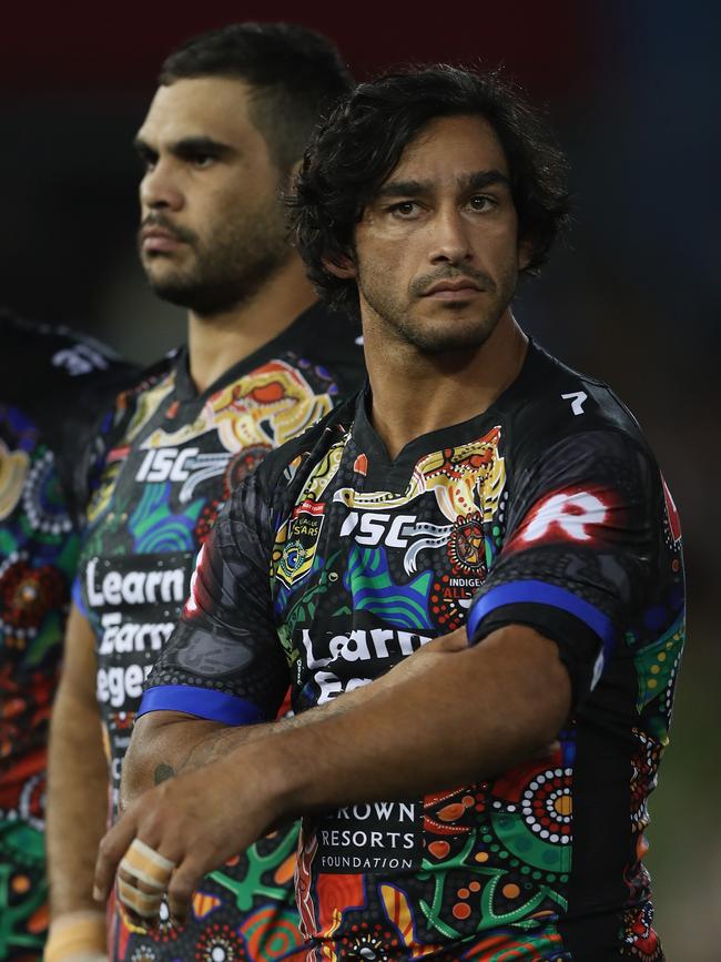 Johnathan Thurston and Greg Inglis of Indigenous All Stars look on before the game during the NRL All Stars match between the 2017 Harvey Norman All Stars and the NRL World All Stars at McDonald Jones Stadium on February 10, 2017 in Newcastle, Australia. (Photo by Ashley Feder/Getty Images)