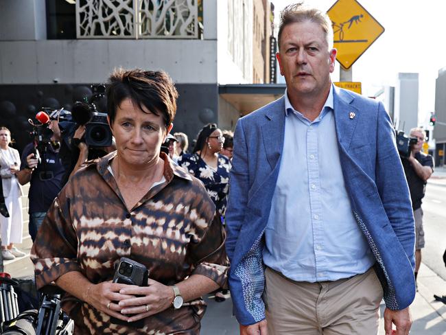 Steve Symons (right), father of Hunter Valley bus crash victim Kane Symons leaving the final day of sentencing of Brett Button at Newcastle Court. Picture: NewsWire