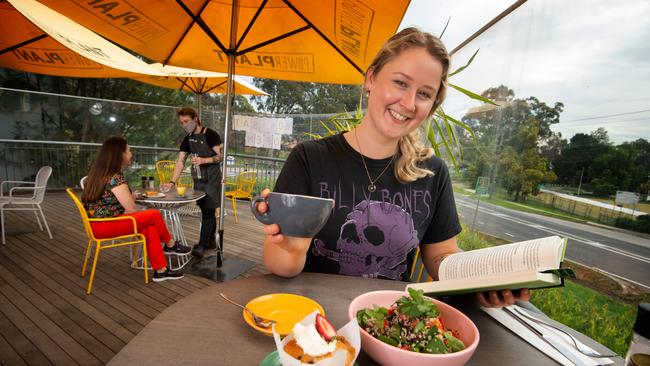 Power Plant Cafe easing of restrictions. Ingrid Bishop coffee and salad. Picture: Tony Gough