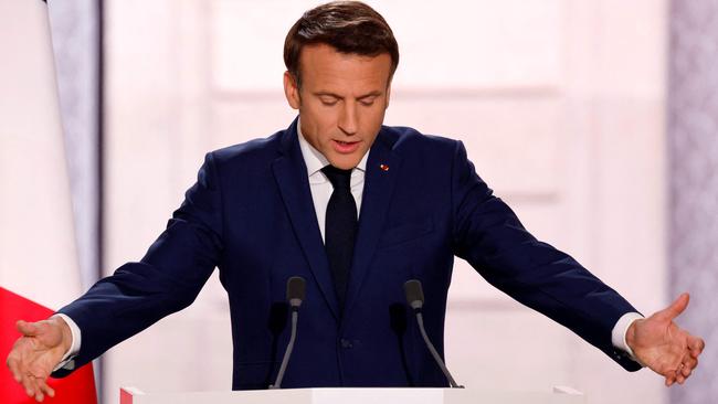 Emmanuel Macron delivers a speech at the Elysee presidential palace in Paris on Saturday. Picture: AFP