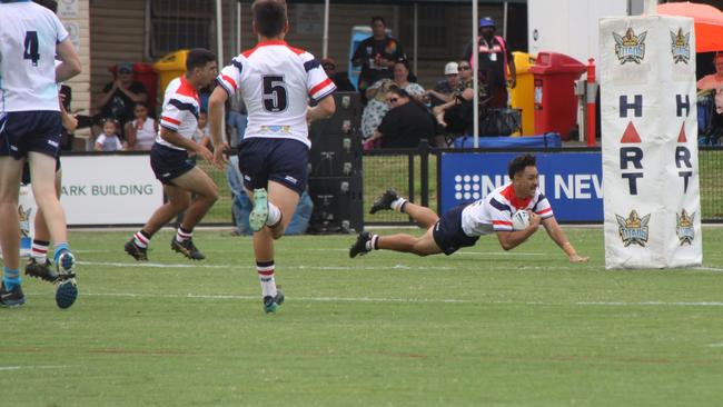 FIRST TRY: Central Coast Rooster number 22 Tyreece Arama scored the first try in the U16s game between the Northern Rivers Titans and the Central Coast Roosters at Oakes Oval, Lismore on February 27, 2021. Photo: Alison Paterson