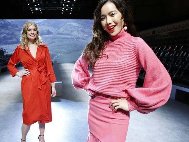 Melbourne Fashion Week models Courtney Bartaby and Yeon Hee Ko on the catwalk. Picture: David Caird