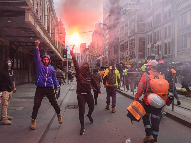 Tradies and protesters march through the CBD. Picture: Jason Edwards