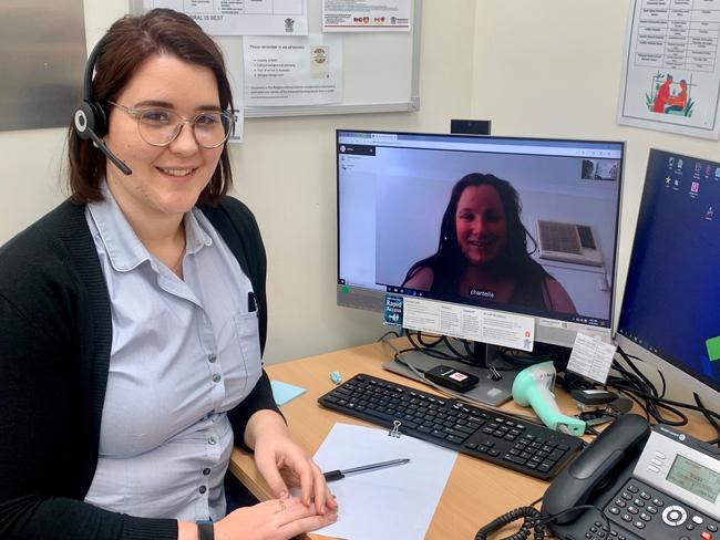 West Moreton Health midwife Madeleine Weaver conducts an antenatal appointment with expectant mother Chantelle Kearns via telehealth videoconferencing.