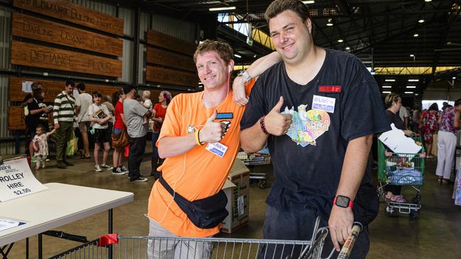 Longtime Lifeline volunteers and Bookfest trolley boys Jeremey Whitnall (left) and Matthew Tew at The Chronicle Lifeline Bookfest at Toowoomba Showgrounds, Saturday, March 1, 2025. Picture: Kevin Farmer