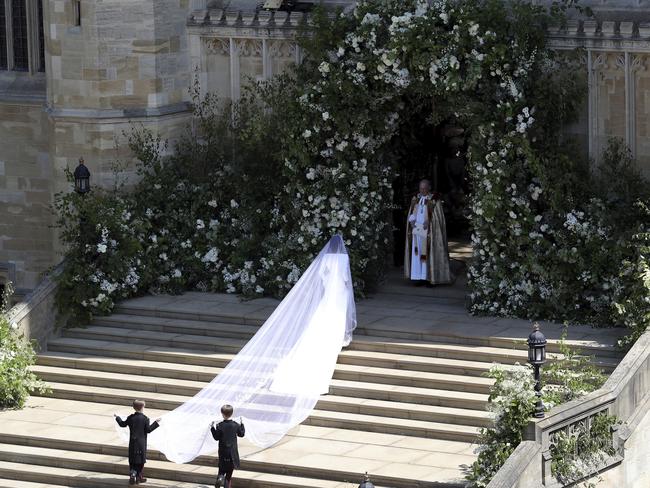 Meghan Markle arrives for her wedding ceremony. Picture: Andrew Matthews/pool photo via AP