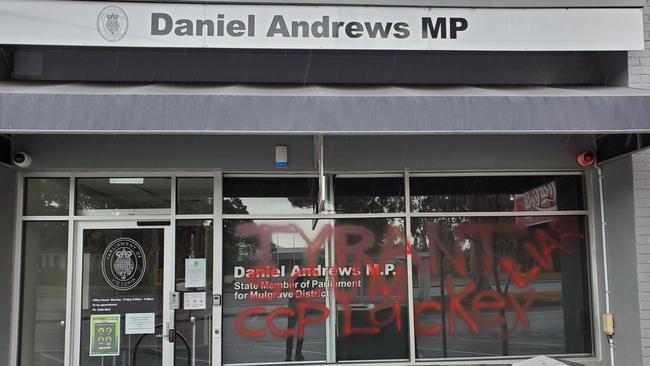 Hate graffiti spray painted on Victorian Premier Daniel Andrews electorate office in Noble Park has since been cleaned off.