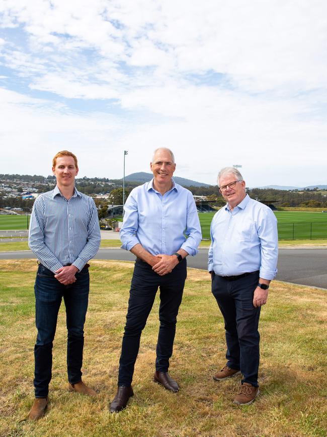 Nick Wilcox from Hutchinson'•s Builders, Sports minister Nick Duigan and Small Business Council'•s Robert Mallett at the High performance centre locations in Kingston Sports complex on Friday 22nd November 2024. Picture: Linda Higginson