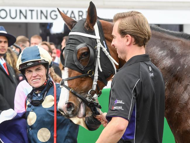 Craig Williams with Soulcombe (GB) after winning the Queen's Cup at Flemington Racecourse on November 05, 2022 in Flemington, Australia. (Photo by Brett Holburt/Racing Photos via Getty Images)