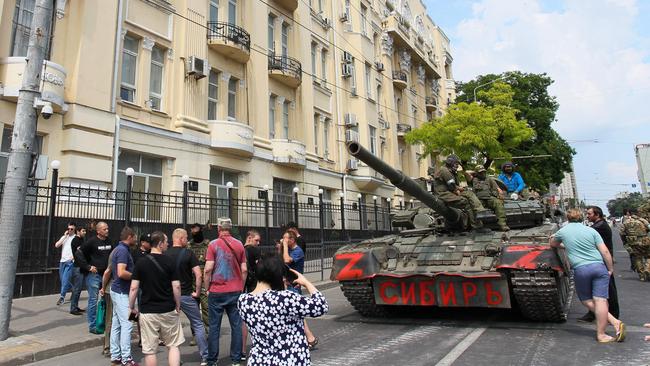 Members of Wagner group sit atop of a tank in a street in the city of Rostov-on-Don, on June 24. Picture: AFP