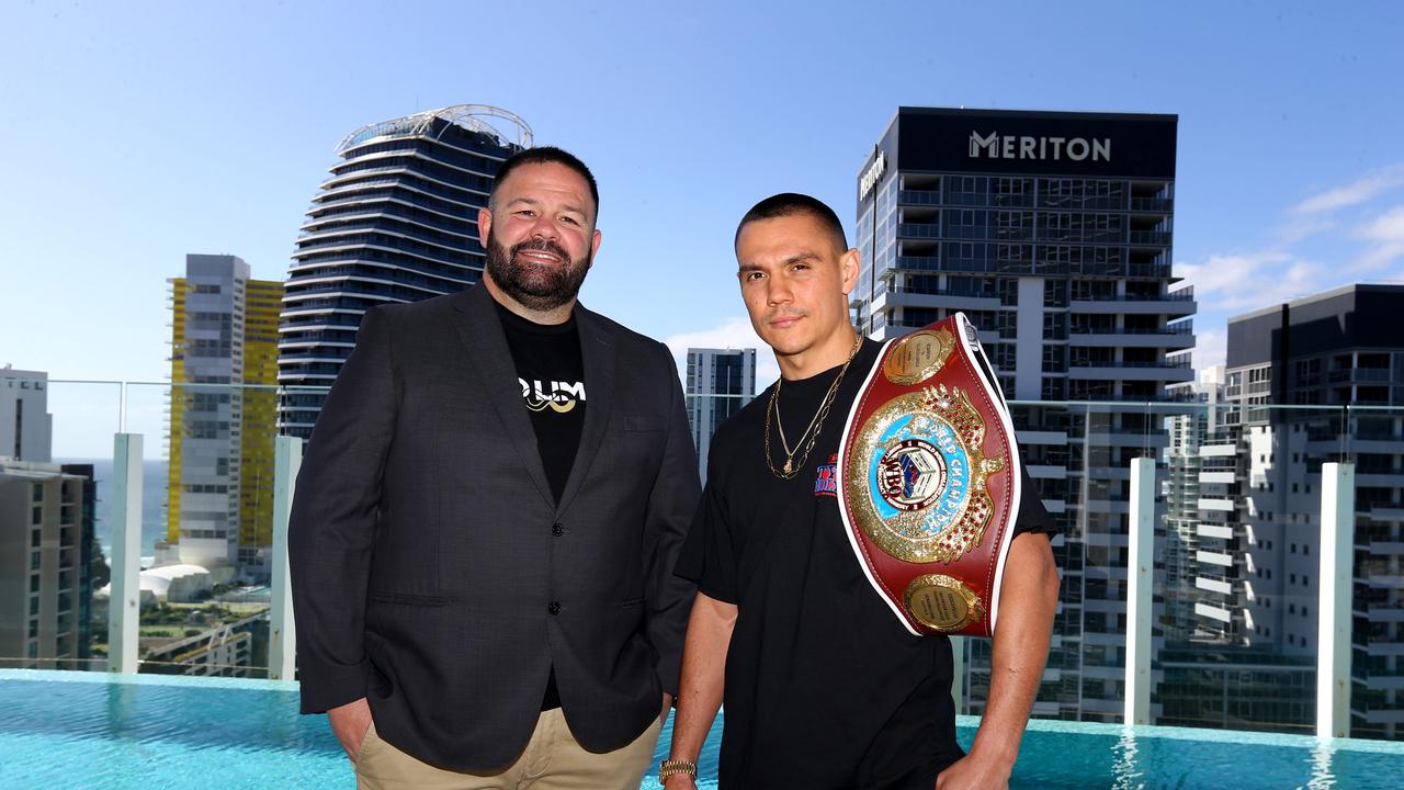 George Rose, seen here alongside Tim Tszyu, believes the Tszyu name earns Nikita the star billing in Newcastle. Photo: David Clark