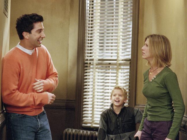 "The One with the Truth About London": David Schwimmer as Ross Geller, Cole Sprouse as Ben Geller, Jennifer Aniston as Rachel Green. Picture: NBC via Getty Images