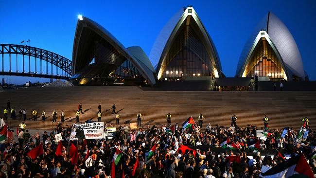 Participants in a pro-Palestine rally react outside Sydney Opera House. Picture: AAP