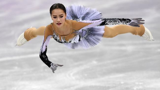 Russia's Alina Zagitova flies during her short program. Photo: AFP