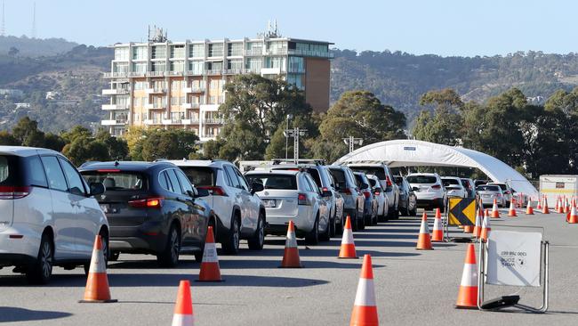 People line up at Victoria Park for Covid testing on Wednesday after the recent outbreak in Melbourne. Picture: Sarah Reed