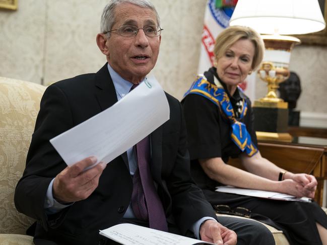 Dr Fauci and coronavirus response coordinator Dr Deborah Birx at the White House. Picture: AP