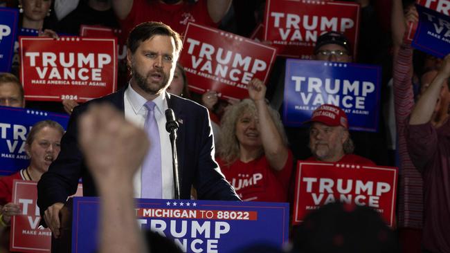 JD Vance speaks to supporters during a campaign event in Traverse City, Michigan. Picture: Getty Images via AFP.