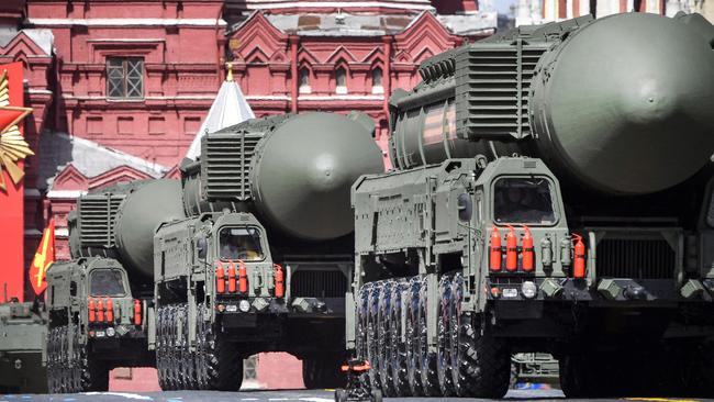 Russian Yars intercontinental ballistic missile launchers parade through Red Square in 2022. Picture: AFP.