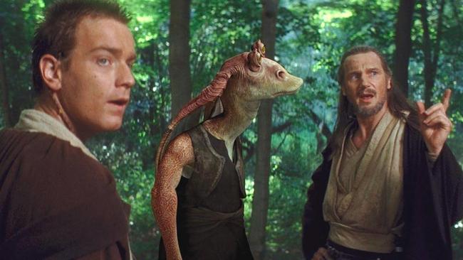 Jar Jar Binks (centre) with Obi-Wan Kenobi (Ewan McGregor) and Qui-Gon Junn (Liam Neeson) in The Phantom Menace.