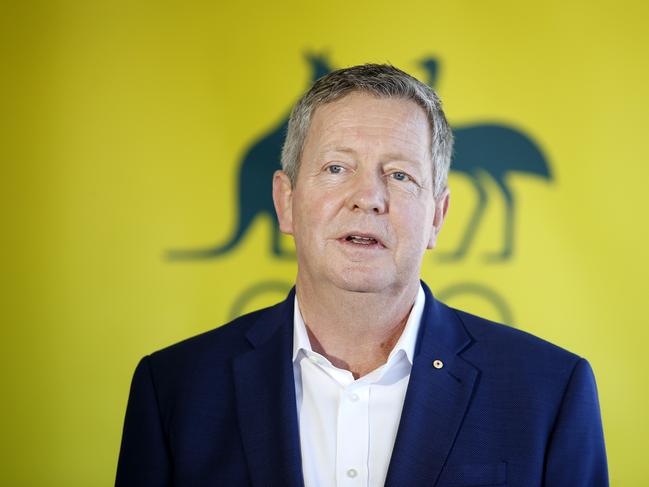 CEO of the Australia Olympic Committee Matt Carroll pictured addressing the media after Cate Campbell received her Covid-19 vaccination shot at QE2 stadium, Brisbane 10th of May 2021. Australian athletes are getting vaccinated ahead of the Tokyo 2022 Olympic Games.   (Image/Josh Woning)