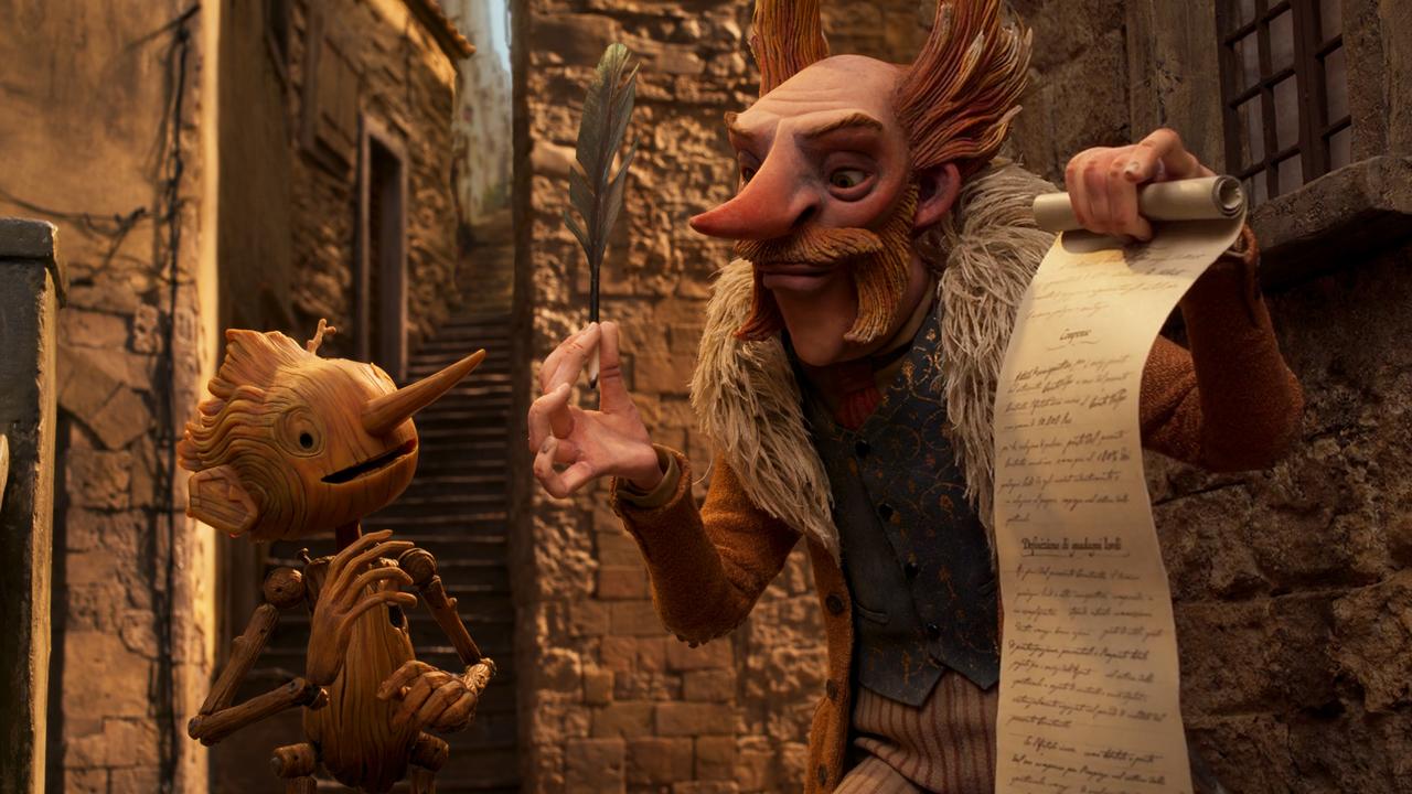 Pinocchio (voiced by Gregory Mann) and Count Volpe (voiced by Christoph Waltz). Picture: Netflix