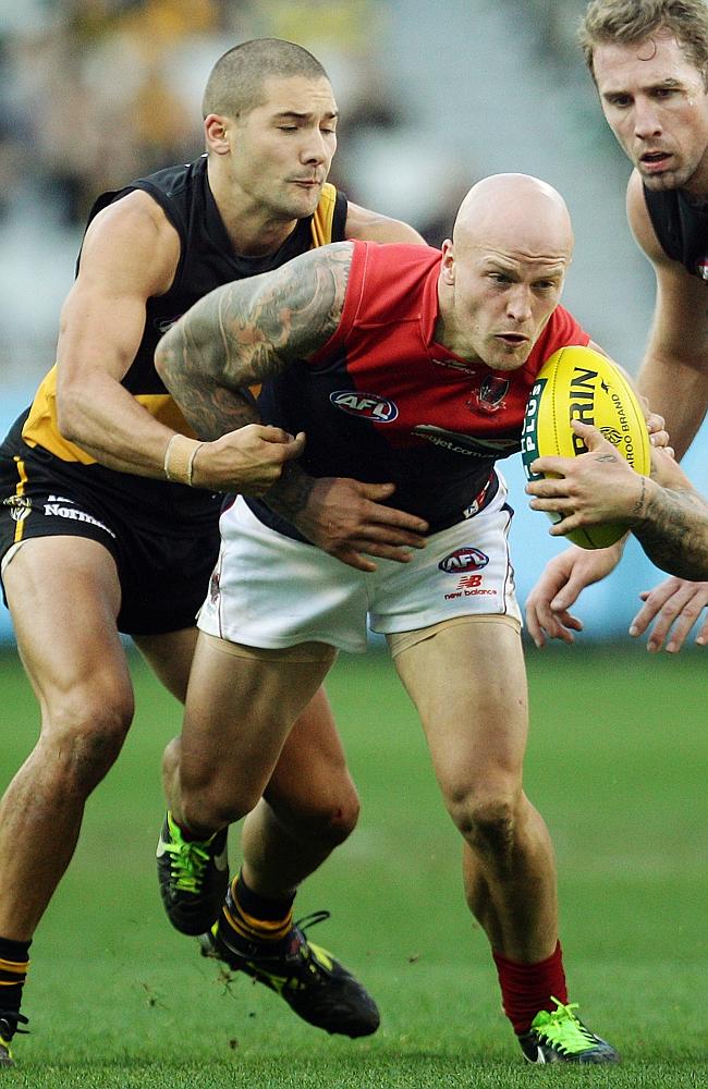 Nathan Jones and his Melbourne teammates would receive significant exposure if they met Richmond in an annual Anzac Eve clash. Picture: Michael Klein Source: News Corp Australia