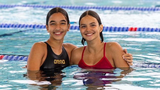 Tara Samjowan and Mckenzie Rutene at the 2025 NT Swimming Championships. Picture: Pema Tamang Pakhrin