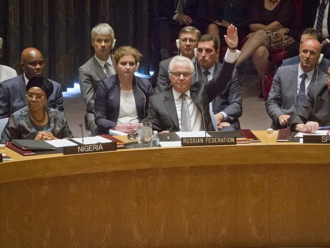 ‘Only one hand was raised in opposition’ ... Russia’s ambassador Vitaly Churkin uses the country’s veto power.