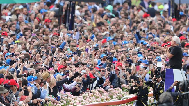 Daryl Braithwaite singing The Horses at the 2018 Cox Plate. Picture: Alex Coppel