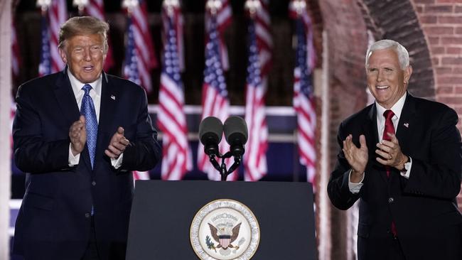 Donald Trump shares the moment with Mike Pence after the Vice-President’s speech on the third night of the Republican National Convention in Baltimore, Maryland.Picture: AFP