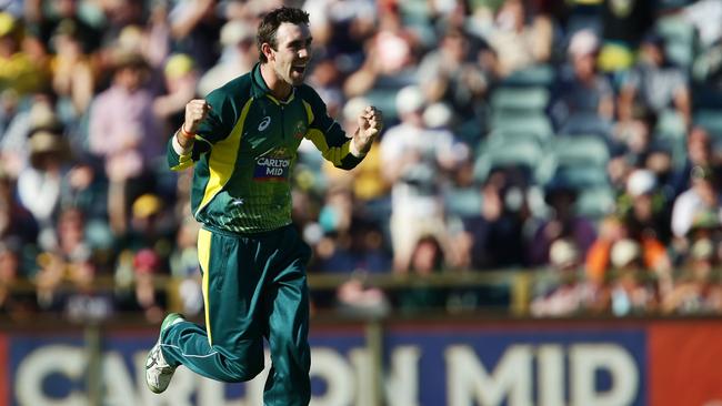 PERTH, AUSTRALIA - FEBRUARY 01: Glenn Maxwell of Australia celebrates taking the wicket of Jos Buttler of England during the final match of the Carlton Mid One Day International series between Australia and England at WACA on February 1, 2015 in Perth, Australia. (Photo by Matt King/Getty Images)