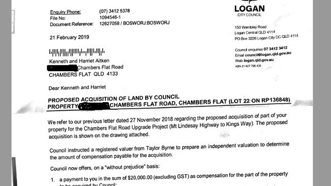 The letter to the Aitken family proposing $20,000 in compensation for 1000sq m of land on Chambers Flat Rd for road widening works.