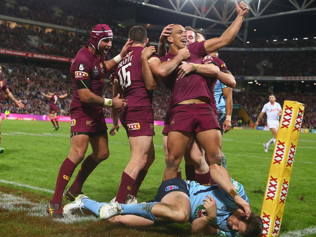 Will Chambers of the Maroons celebrates.
