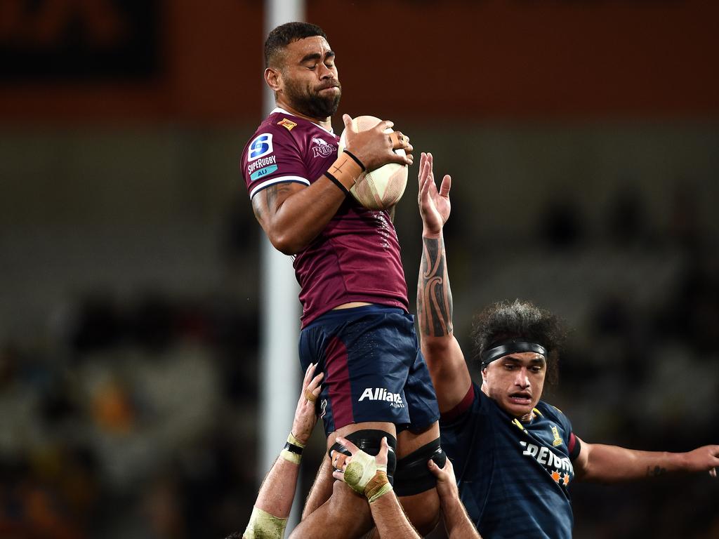 Lukhan Salakaia-Loto climbs high for the Reds. He will leave at the end of the Super Rugby Pacific season. Picture: Joe Allison/Getty Images