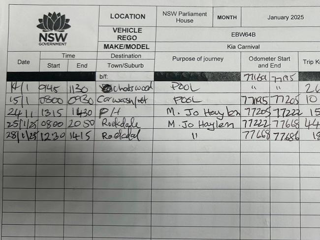 The log book revealing Ms Haylen’s January 25 trip to a Hunter Valley winery.