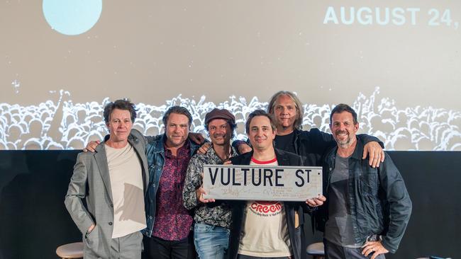 Powderfinger with author Trent Dalton, who hosted the Q&amp;A event at Palace Barracks cinema. Picture: Marianna Heberley