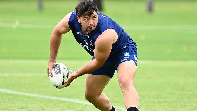 MELBOURNE, AUSTRALIA - MARCH 15: Brandon Smith of the Storm passes the ball during a Melbourne Storm NRL training session at Gosch's Paddock on March 15, 2021 in Melbourne, Australia. (Photo by Quinn Rooney/Getty Images)