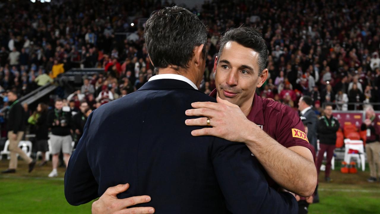 BRISBANE, AUSTRALIA - JULY 13: Billy Slater head coach of the Maroons and Brad Fittler head coach of the Blues embrace during game three of the State of Origin Series between the Queensland Maroons and the New South Wales Blues at Suncorp Stadium on July 13, 2022 in Brisbane, Australia. (Photo by Bradley Kanaris/Getty Images)