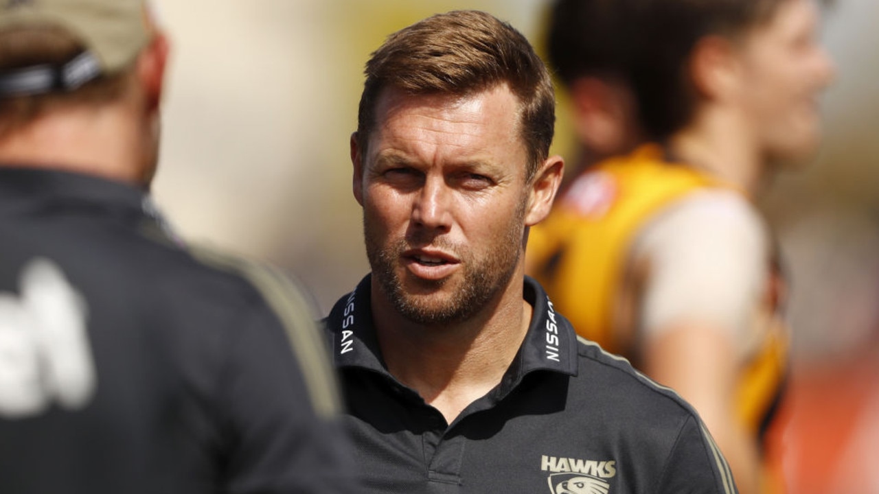 DEVONPORT, AUSTRALIA - MARCH 05: Sam Mitchell, Senior Coach of the Hawks looks on during the 2022 AFL Community Series match between the Hawthorn Hawks and the Richmond Tigers at Devonport Oval on March 5, 2022 In Devonport, Australia. (Photo by Dylan Burns/AFL Photos via Getty Images)