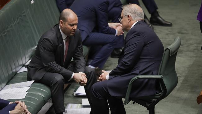 Josh Frydenberg and Scott Morrison in Parliament House. Picture: Sean Davey.