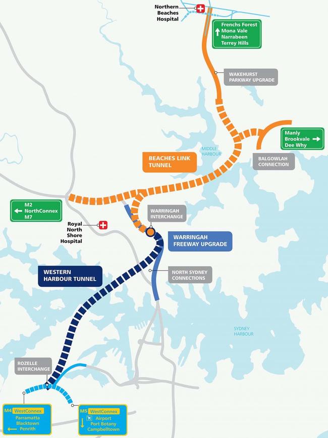 The proposed Western Harbour tunnel and Beaches Link tunnel.