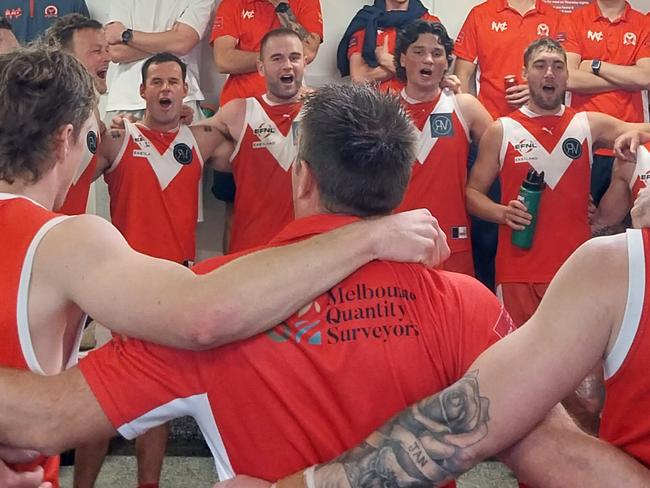 EFNL 2025: Warrandyte belts out the song after its 47-point win over Bulleen Templestowe. Picture: Daniel Cencic
