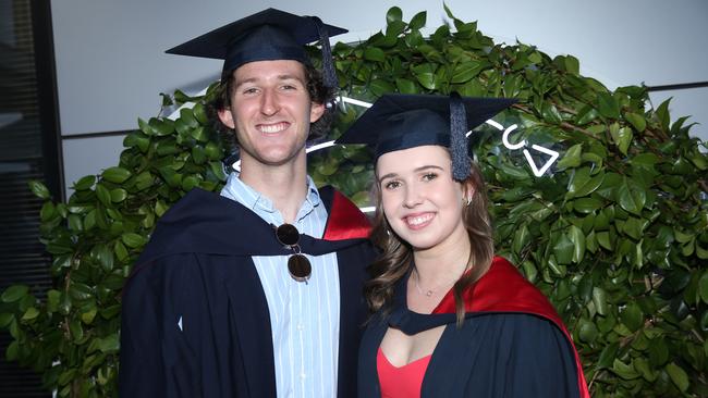 Lachlan Dooley and Grace Kidd celebrate graduation. Picture: Alan Barber