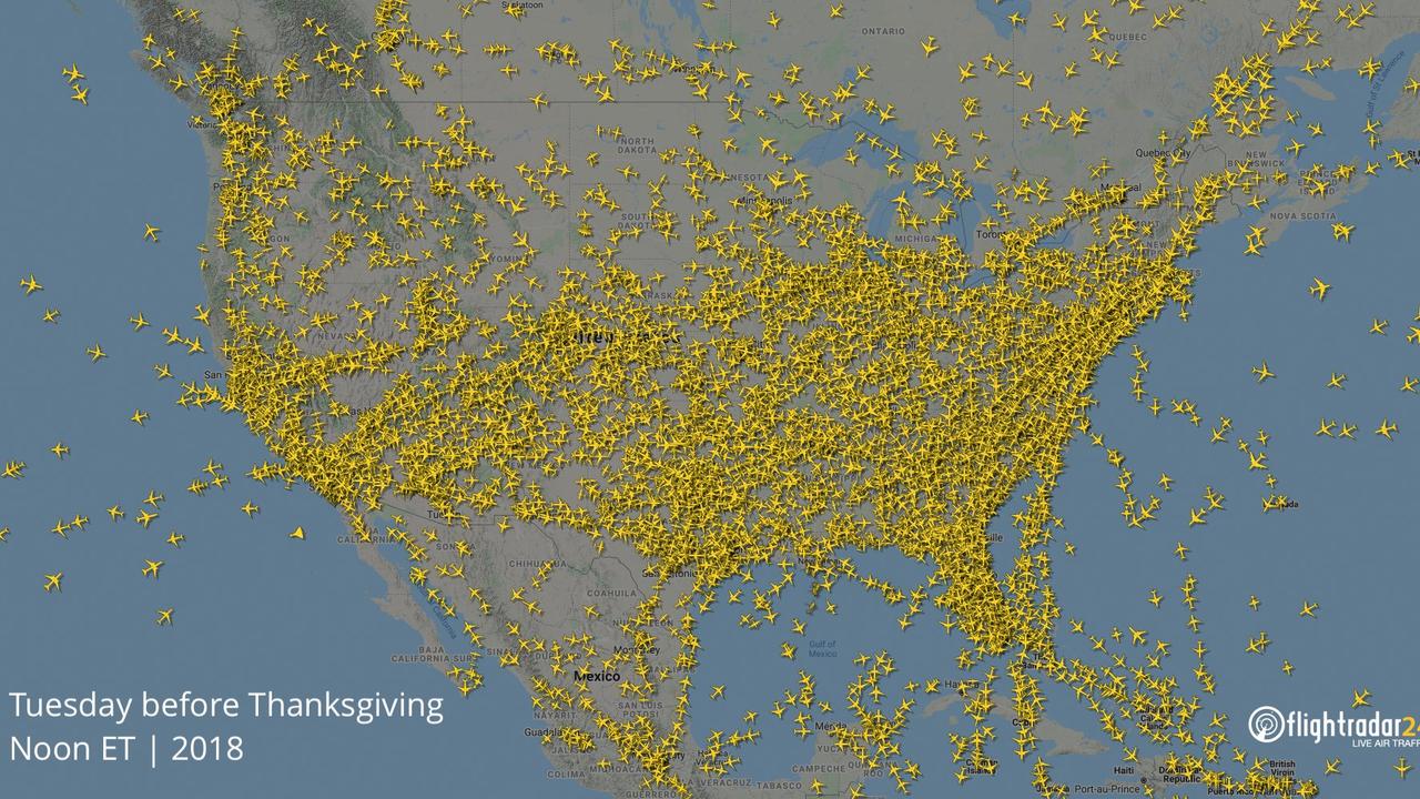 Comparatively, at 12pm on the Tuesday before Thanksgiving in 2018 there were 6815 active flights in North America. Picture: Flightradar24