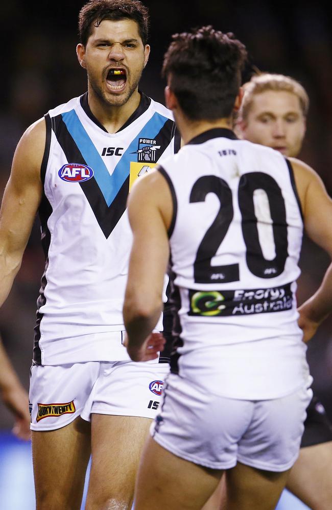 A file picture of Paddy Ryder celebrating his first goal for Port Adelaide. Picture: Michael Klein.