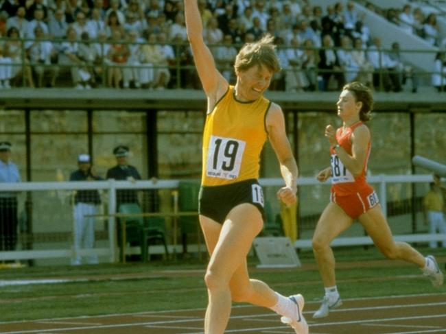 Raelene Boyle celebrates winning the Gold Medal in the Womens 400m at the Commonwealth Games in Brisbane, 1982. Picture: Tony Feder /Allsport