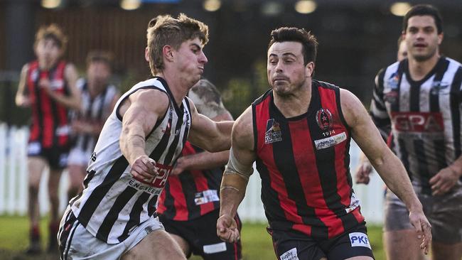 Sam Barnett and Kieran Holland clash on Saturday. Picture: Matt Loxton